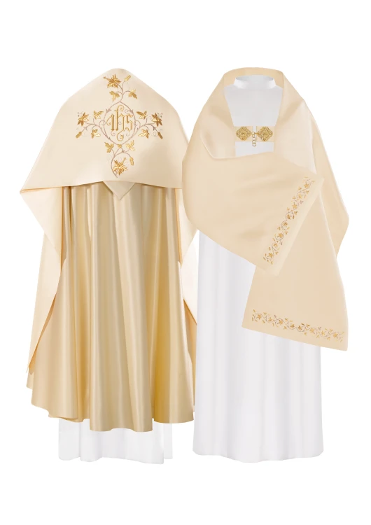 Welon z haftem symbolem IHS i motywem liści.