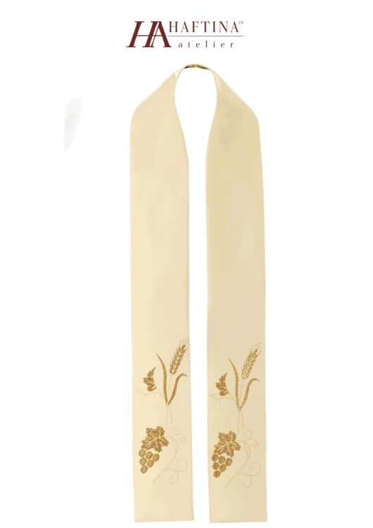 Stuła haftowana z symbolem kłosa i winogron.