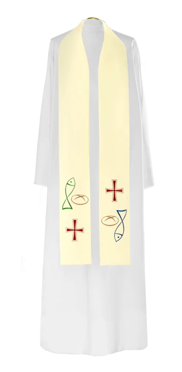 Stuła haftowana z symbolem Ryby i Chleba.