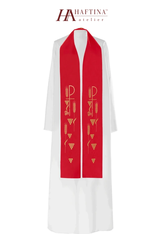 Stuła haftowana z symbolem Krzyża i winogron.