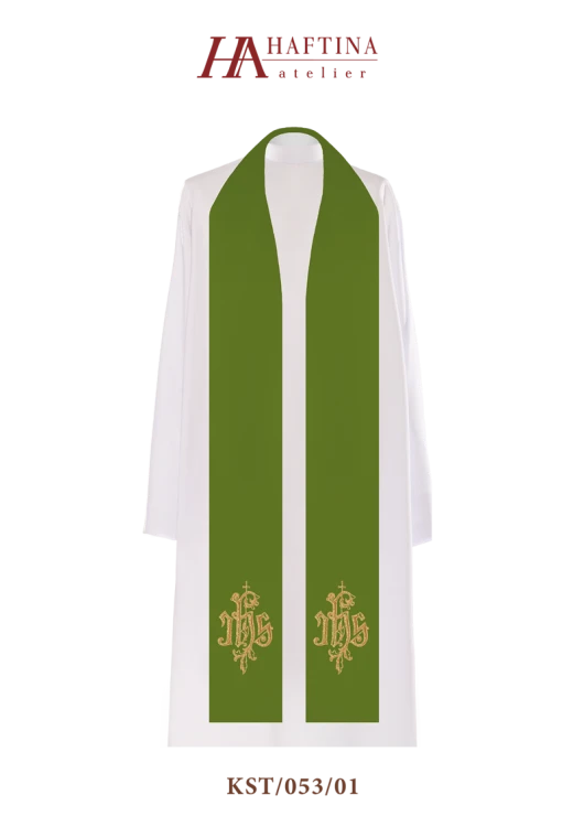 Stuła haftowana z symbolem IHS.