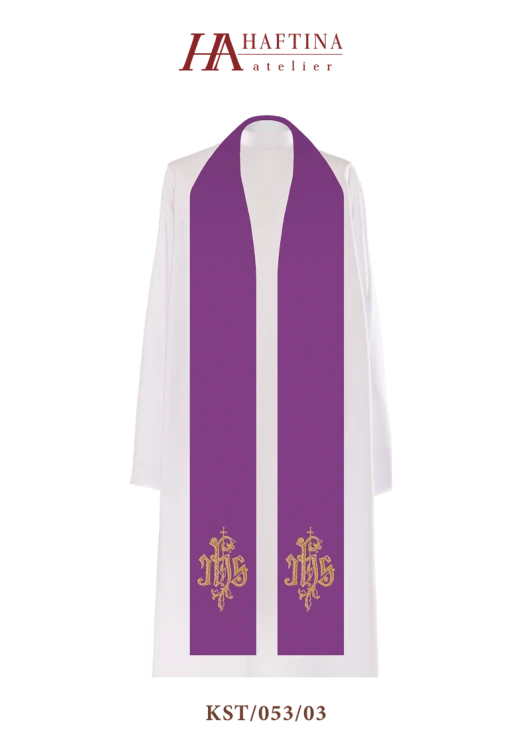 Stuła haftowana z symbolem IHS.