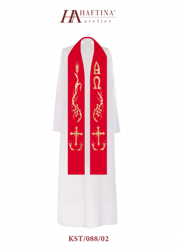 Stuła haftowana z motywami eucharystycznymi.