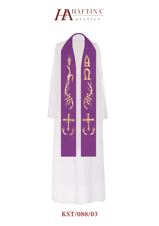 Stuła haftowana z motywami eucharystycznymi.