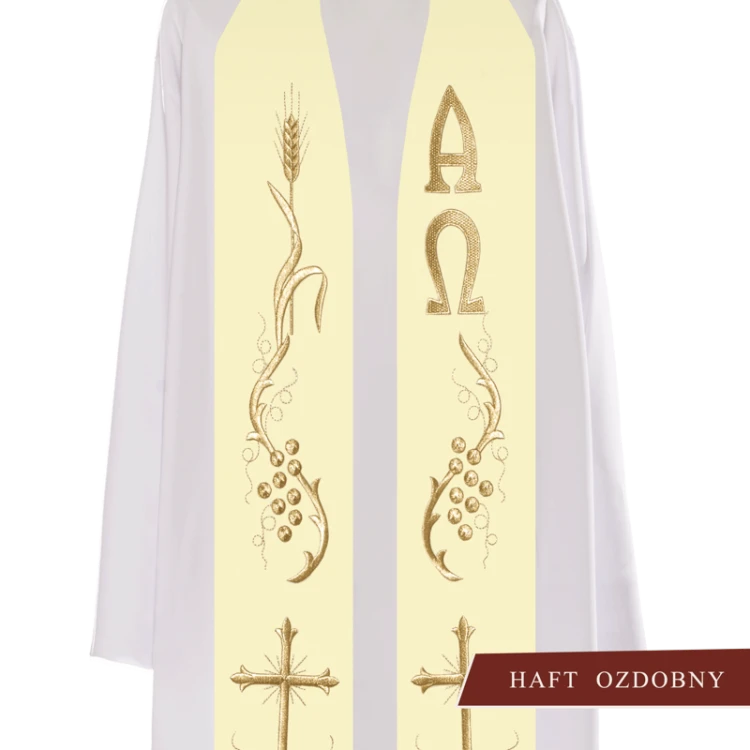 Stuła haftowana z motywami eucharystycznymi.