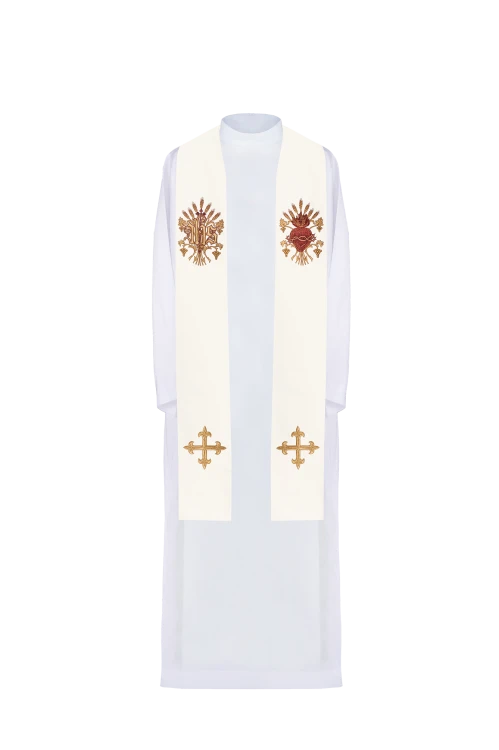 Stuła haftowana z symbolem IHS, Sercem Jezusa, Krzyżem i kłosami