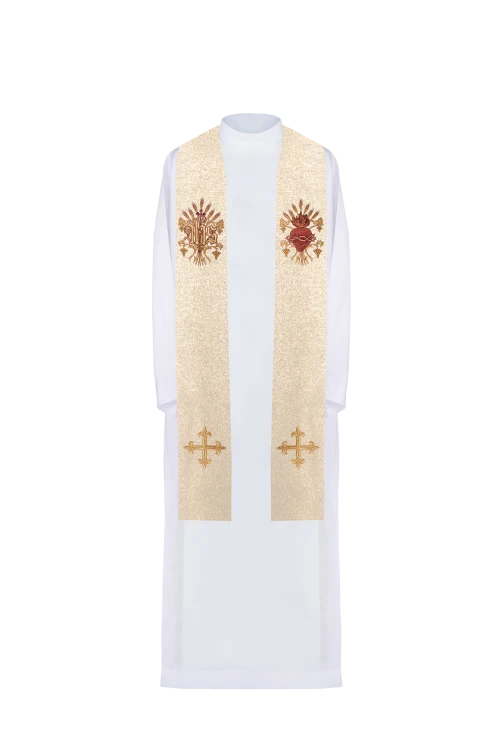 Stuła haftowana z symbolem IHS, Sercem Jezusa, Krzyżem i kłosami.