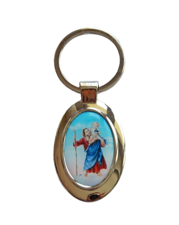 Keychain with Our Lady of Perpetual Help and Saint Christopher.