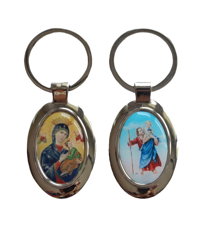 Keychain with Our Lady of Perpetual Help and Saint Christopher.