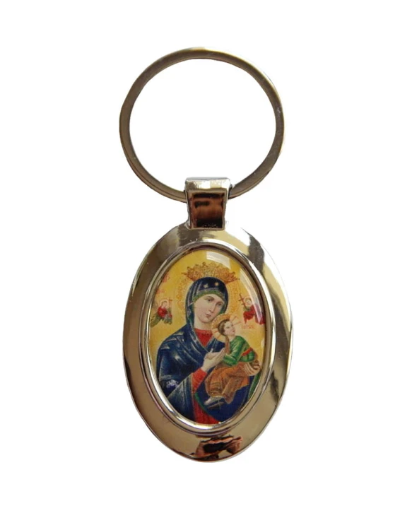 Keychain with Our Lady of Perpetual Help and Saint Christopher.