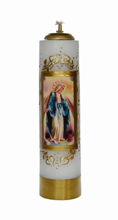 Olejowa świeca ołtarzowa z Matką Bożą Niepokalaną.