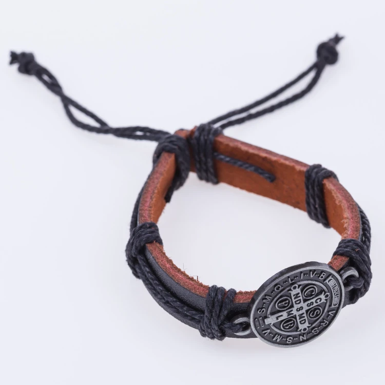 Leather bracelet with St. Benedict medal