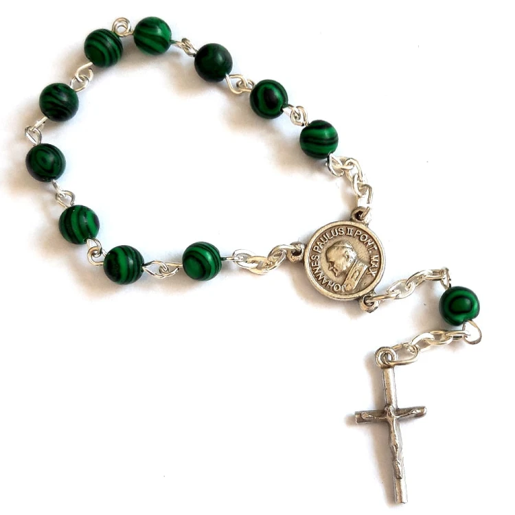 Malachite one-decade rosary with John Paul II and Our Lady of Czestochowa