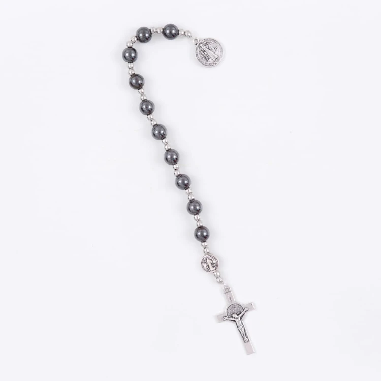 Hematite one-decade dozen with St. Benedict medal