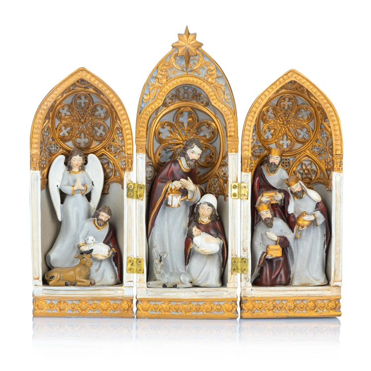 Szopka Bożonarodzeniowa - Tryptyk z Figurami Świętej Rodziny i Trzech Króli