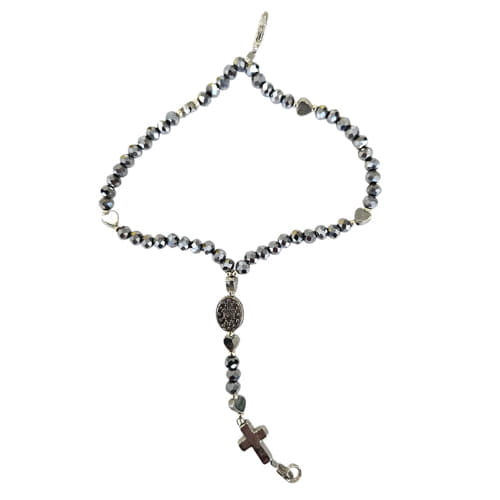 Rosary Bracelet with Silver Beads and Metal Heart Charms