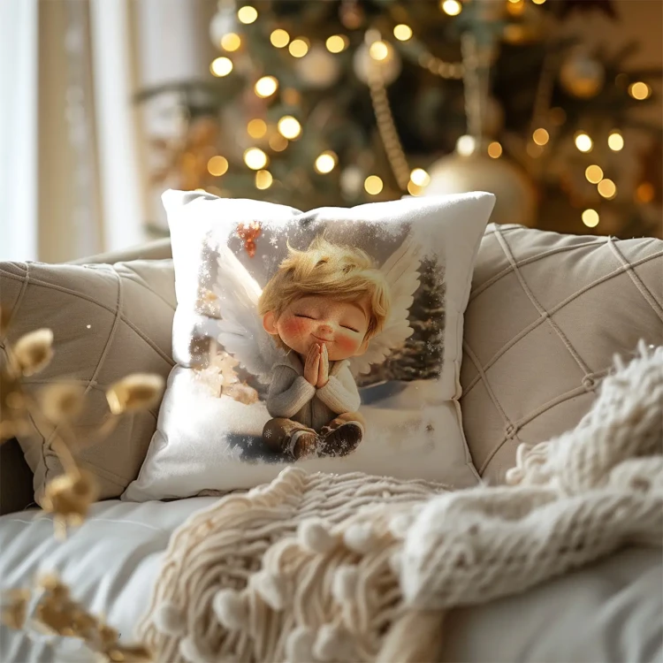 Christmas Children's Pillow with an Angel in a Winter Scene