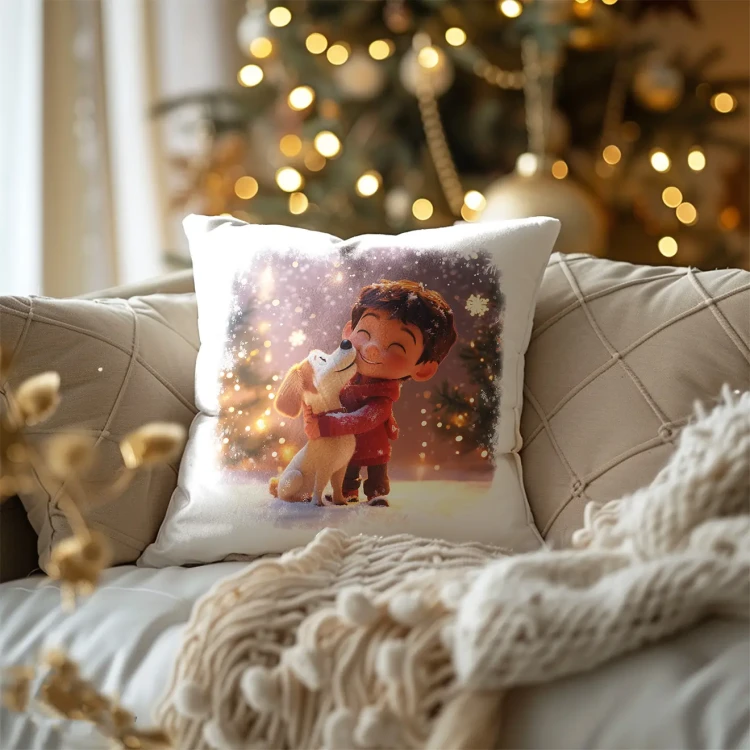 Weihnachtskissen für Kinder mit einem Jungen und einem Hund