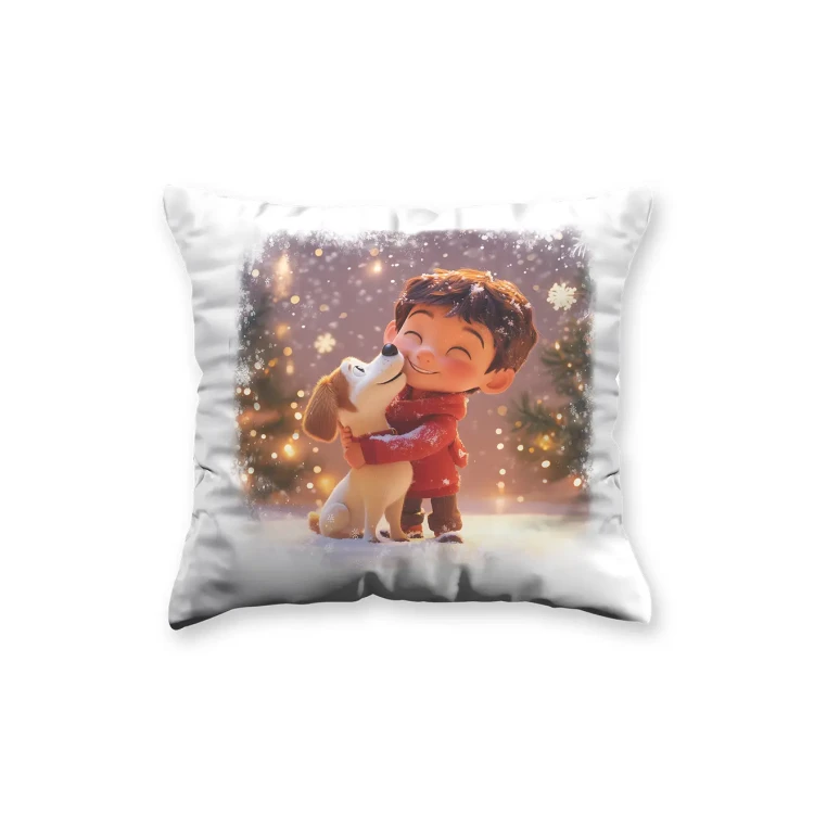 Christmas Children's Pillow with a Boy and a Puppy