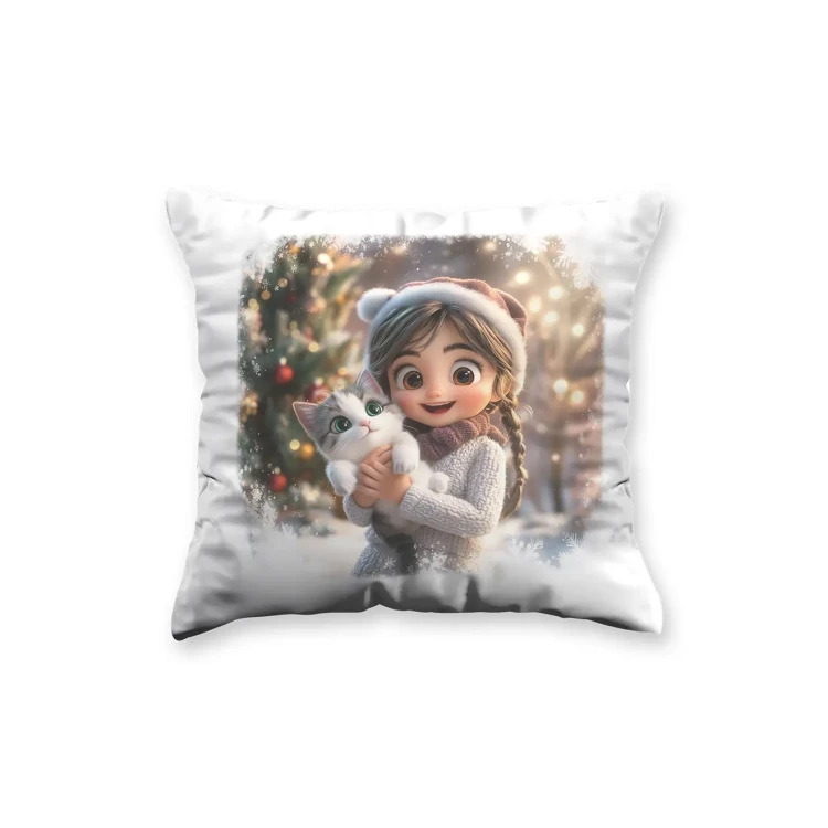 Christmas Pillow for Kids with a Girl and Kitten