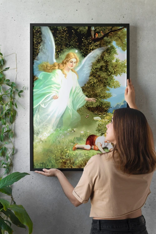 Schutzengel über einem Kind – religiöses Poster