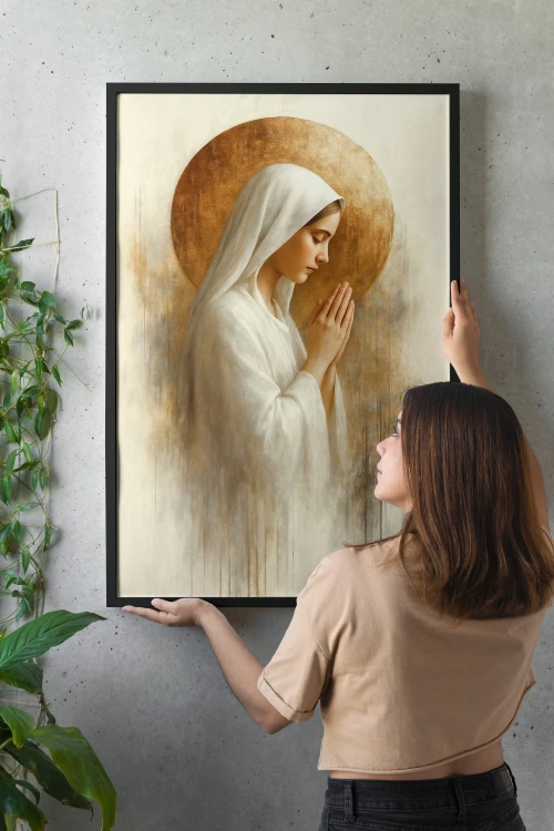 Muttergottes im Gebet – religiöses Poster, minimalistisch, goldener Hintergrund