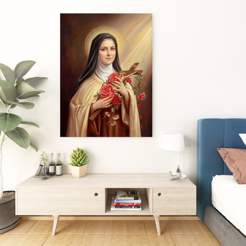 Obraz świętej Teresy z Lisieux w habicie karmelitańskim, trzymającej krzyż i czerwone róże