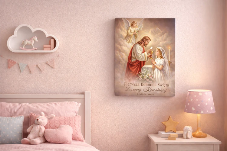 Pamiątka Pierwszej Komunii Świętej dla dziewczynki – personalizowany obraz na desce