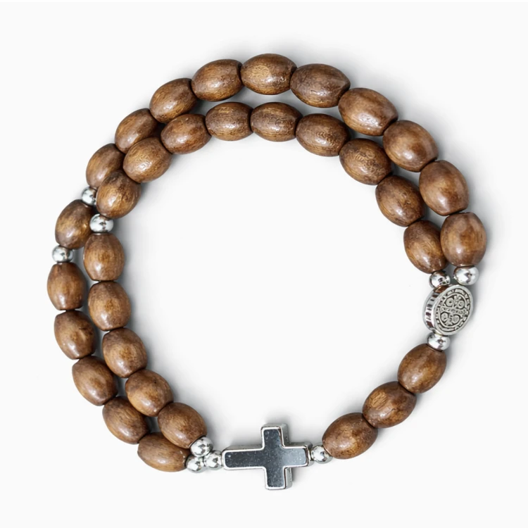 Wooden Rosary Bracelet – St. Benedict Medal & Cross | Stretch Cord