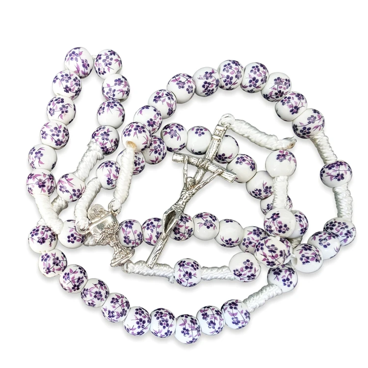 Purple Floral Ceramic Rosary on Cord – Chalice & Papal Cross