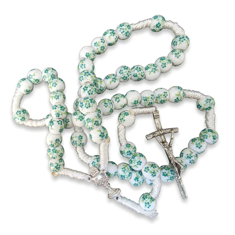 Green Leaf Ceramic Rosary on Cord – Chalice & Papal Cross