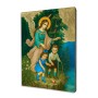 Religious icon featuring a Guardian Angel watching over two children near a cliff, gold-leaf gilded background, handcrafted on a linden wood board.