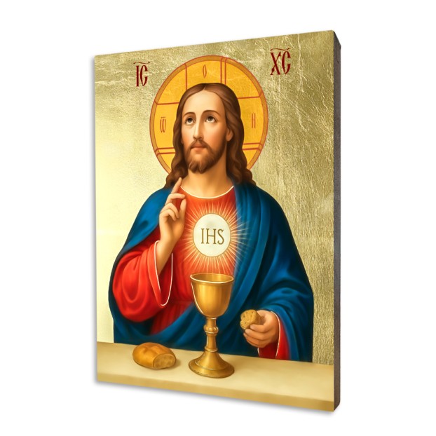 Ikona religijna Jezus Eucharystyczny z kielichem i hostią IHS na złotym tle, wykonana na desce lipowej techniką druku bezpośredniego na szlagmetalu.