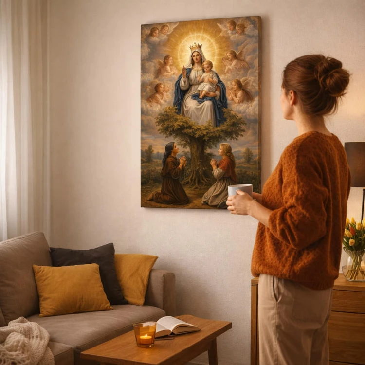 Obraz na płótnie Matka Boska Gietrzwałdzka z wizjonerkami pod klonem, styl klasyczny, druk canvas bez ramy.