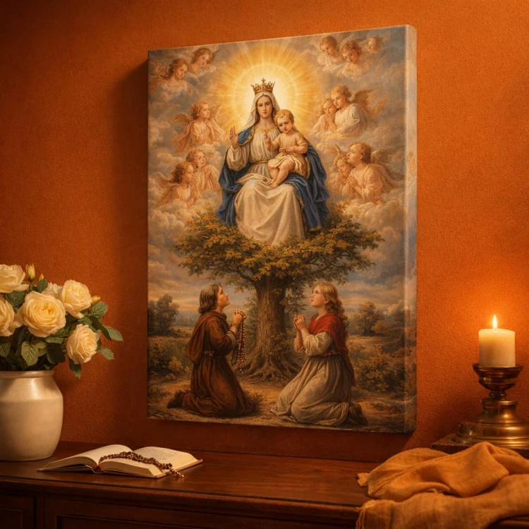 Religious canvas print of Our Lady of Gietrzwałd appearing on a maple tree to two visionaries, classic academic style, gallery wrap.