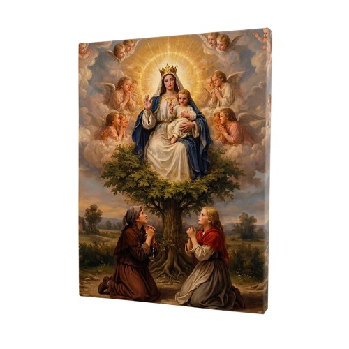 Religious canvas print of Our Lady of Gietrzwałd appearing on a maple tree to two visionaries, classic academic style, gallery wrap.
