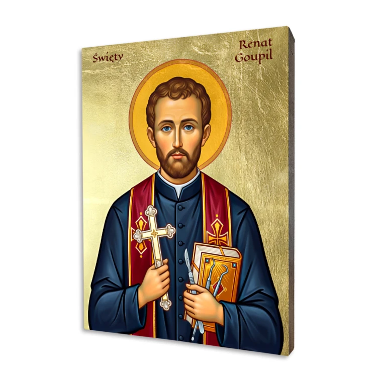 Ikona religijna Święty Renat Goupil z krzyżem i narzędziami medycznymi na złotym tle, wykonana na litej desce lipowej techniką druku bezpośredniego.
