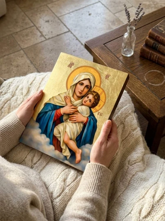 Ikona Matki Bożej Trzykroć Przedziwnej, wizerunek szensztacki na złoconej desce lipowej, wysoka jakość druku bezpośredniego.