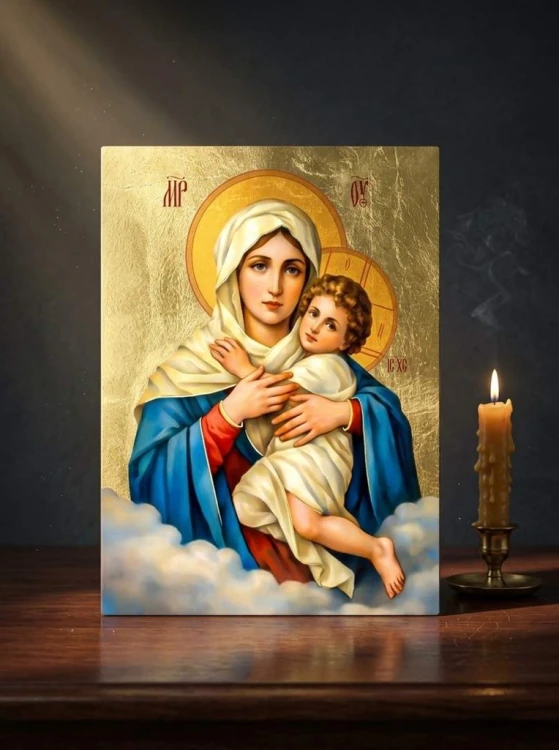 Ikona Matki Bożej Trzykroć Przedziwnej, wizerunek szensztacki na złoconej desce lipowej, wysoka jakość druku bezpośredniego.