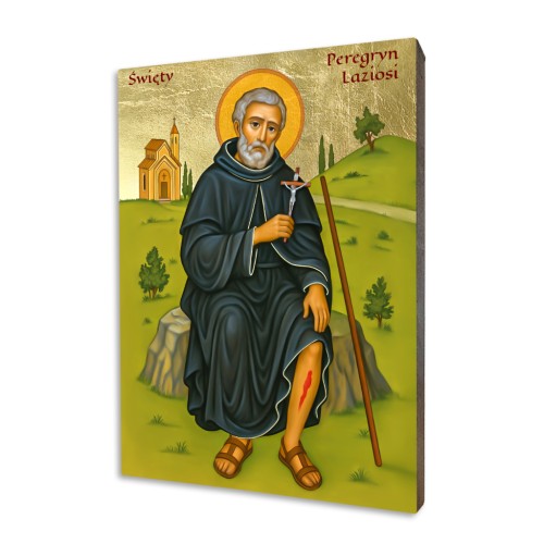 Religious icon of Saint Peregrine Laziosi in a black habit, holding a crucifix and showing a healed leg wound, set against a brilliant gold background.