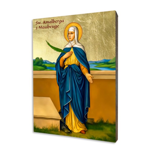 Religious icon of Saint Amalberga of Maubeuge in blue and yellow robes, holding a palm branch, depicted on a brilliant gold background on wood.