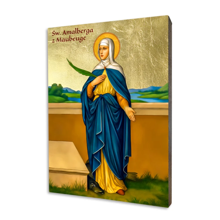 Religious icon of Saint Amalberga of Maubeuge in blue and yellow robes, holding a palm branch, depicted on a brilliant gold background on wood.