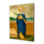 Religious icon of Saint Amalberga of Maubeuge in blue and yellow robes, holding a palm branch, depicted on a brilliant gold background on wood.
