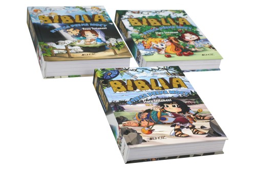 Trzy tomy komiksowego wydania Biblia Księga pełna mocy autorstwa Yum Sook-ja w kolorowym etui, wydawnictwo Jedność.