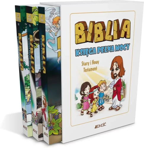 Trzy tomy komiksowego wydania Biblia Księga pełna mocy autorstwa Yum Sook-ja w kolorowym etui, wydawnictwo Jedność.