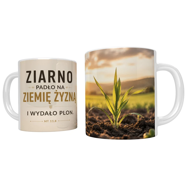 Kubek chrześcijański z cytatem z Ewangelii św. Mateusza „Ziarno padło na ziemię żyzną i wydało plon” (Mt 13,8) oraz grafiką kiełkującego ziarna.