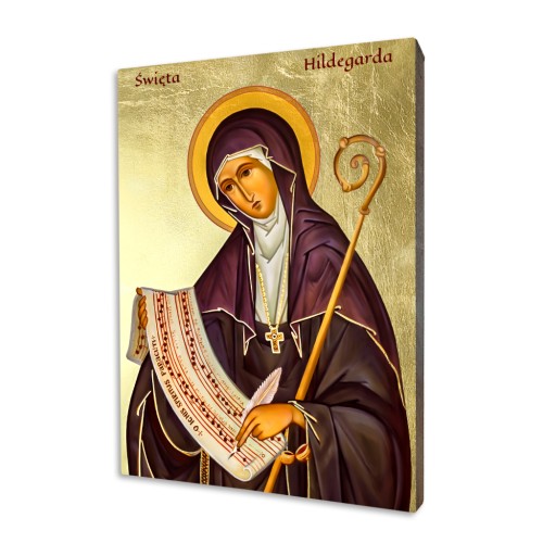 Ikona św. Hildegardy z Bingen z pastorałem, piórem i zapisem muzycznym na złoconej desce lipowej