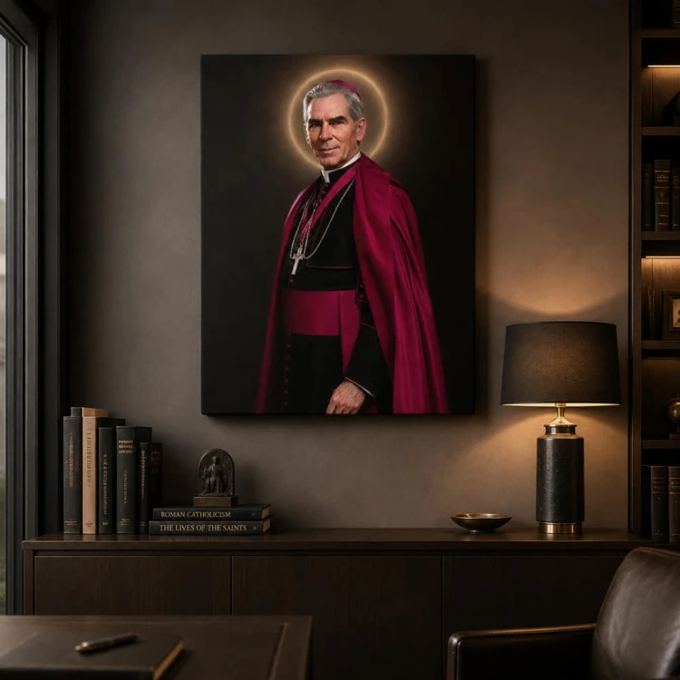 Fulton Sheen – obraz na płótnie z portretem arcybiskupa na scianie w gabinecie