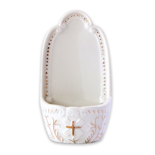 Biała ceramiczna kropielniczka domowa ze złotym krzyżem, 14 cm