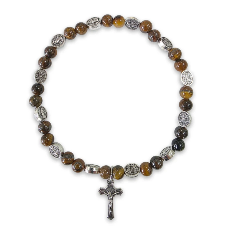 Tiger’s eye bracelet with St. Benedict medals and crucifix